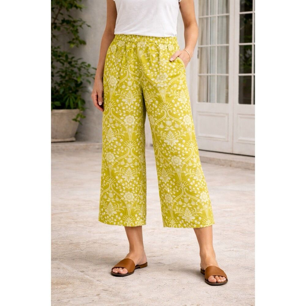 Joie Size Medium 100% Linen Wide Leg Pants Green White Floral Print Pockets